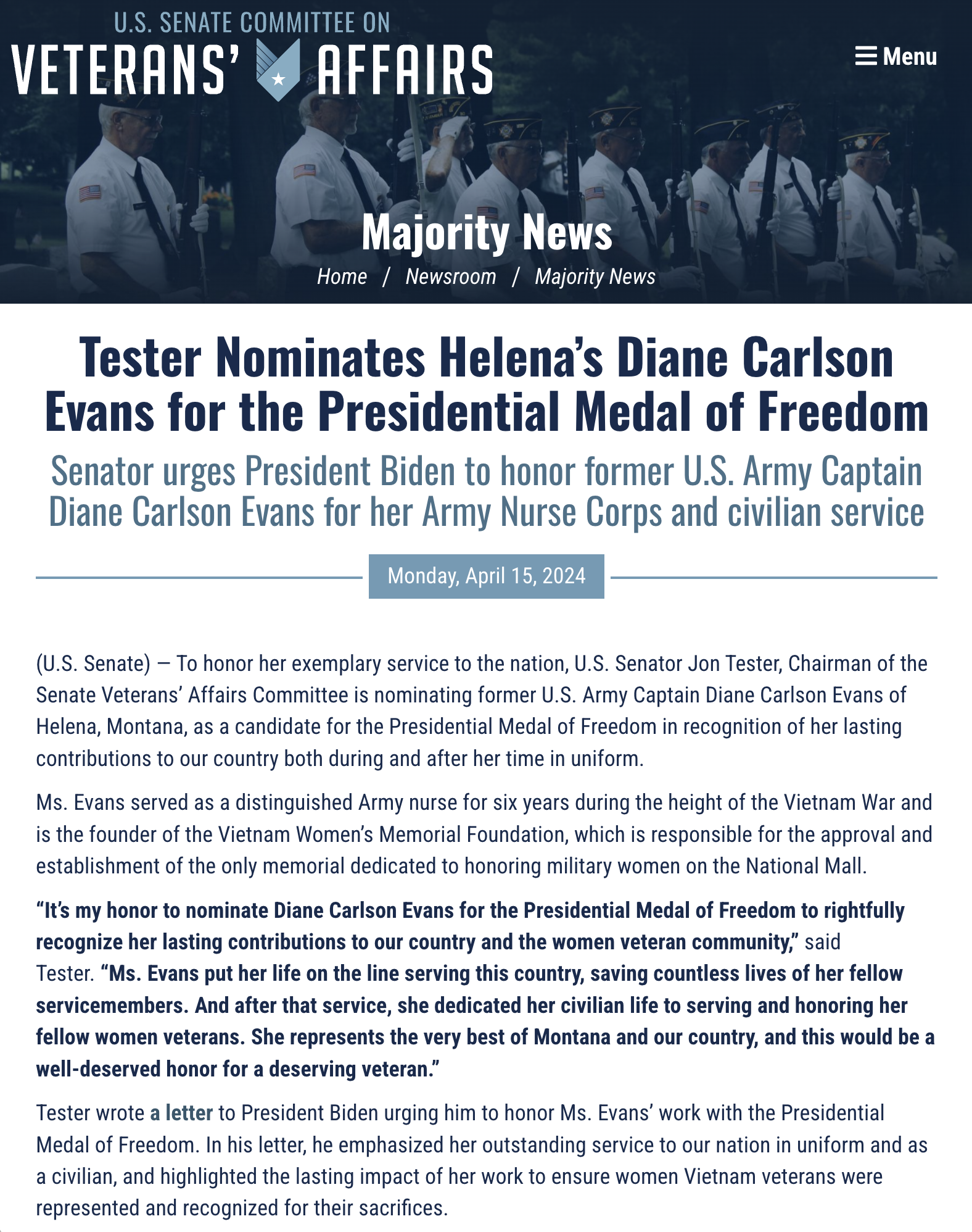 Senator John Tester nominates Diane Carlson Evans for the Presidential Medal of Freedom